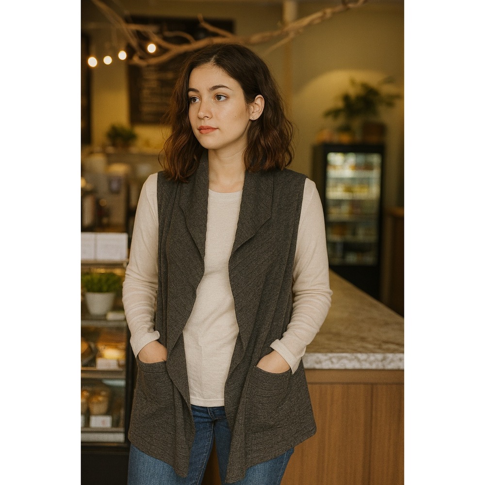 Le Moda Open Front Drape Vest Gray Waterfall Cardigan Style Pockets‎ Size XL-XXL